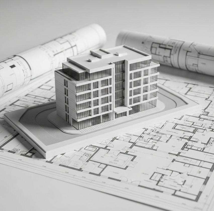 مخططات هندسية ونموذج معماري لمشروع إنشائي متكامل